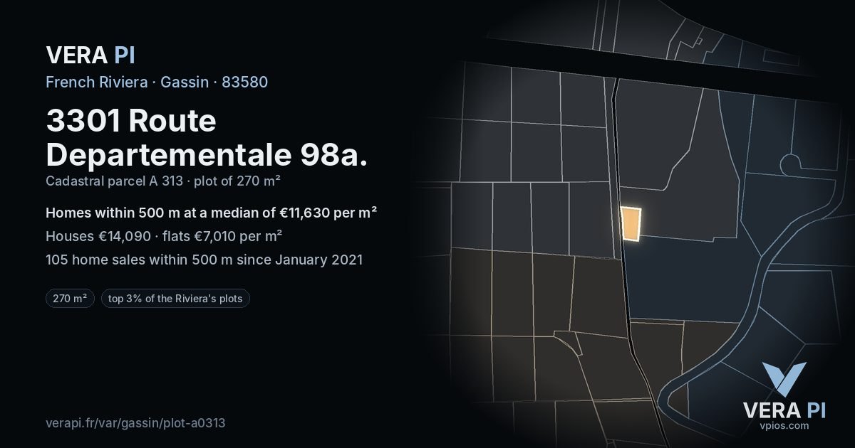 3301 Route Departementale 98a, Gassin at night – the plot lit, the parcels around coloured by the prices near them