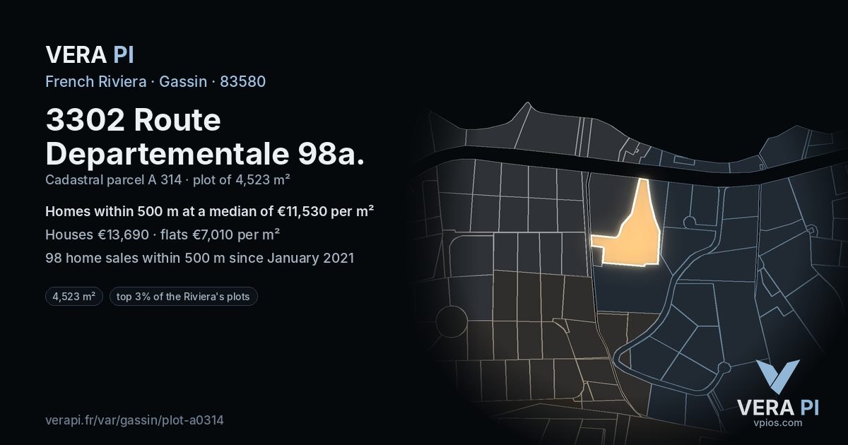 3302 Route Departementale 98a, Gassin at night – the plot lit, the parcels around coloured by the prices near them