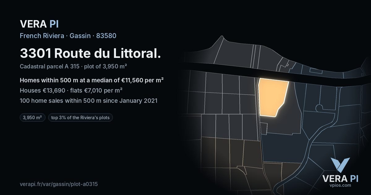 3301 Route du Littoral, Gassin at night – the plot lit, the parcels around coloured by the prices near them