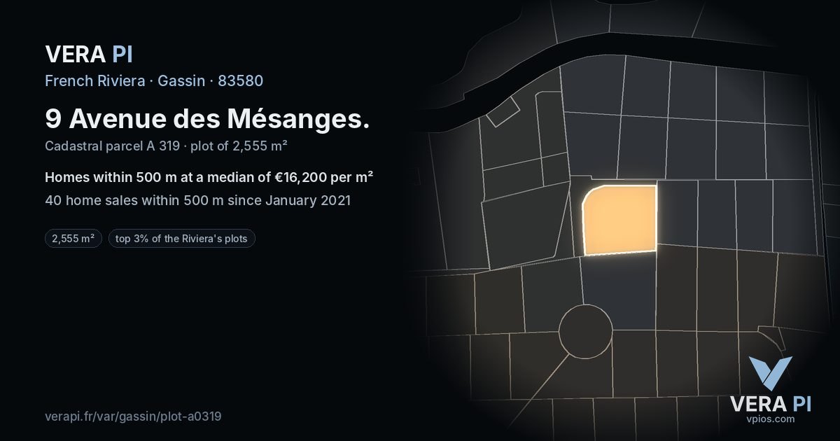 9 Avenue des Mésanges, Gassin at night – the plot lit, the parcels around coloured by the prices near them