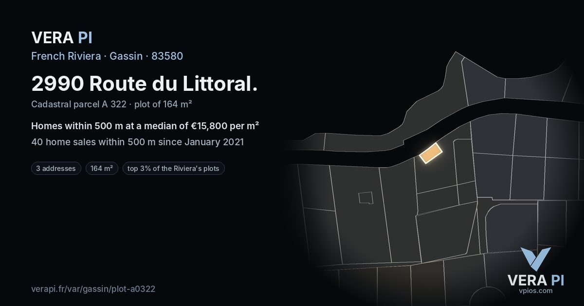 2990 Route du Littoral, Gassin at night – the plot lit, the parcels around coloured by the prices near them