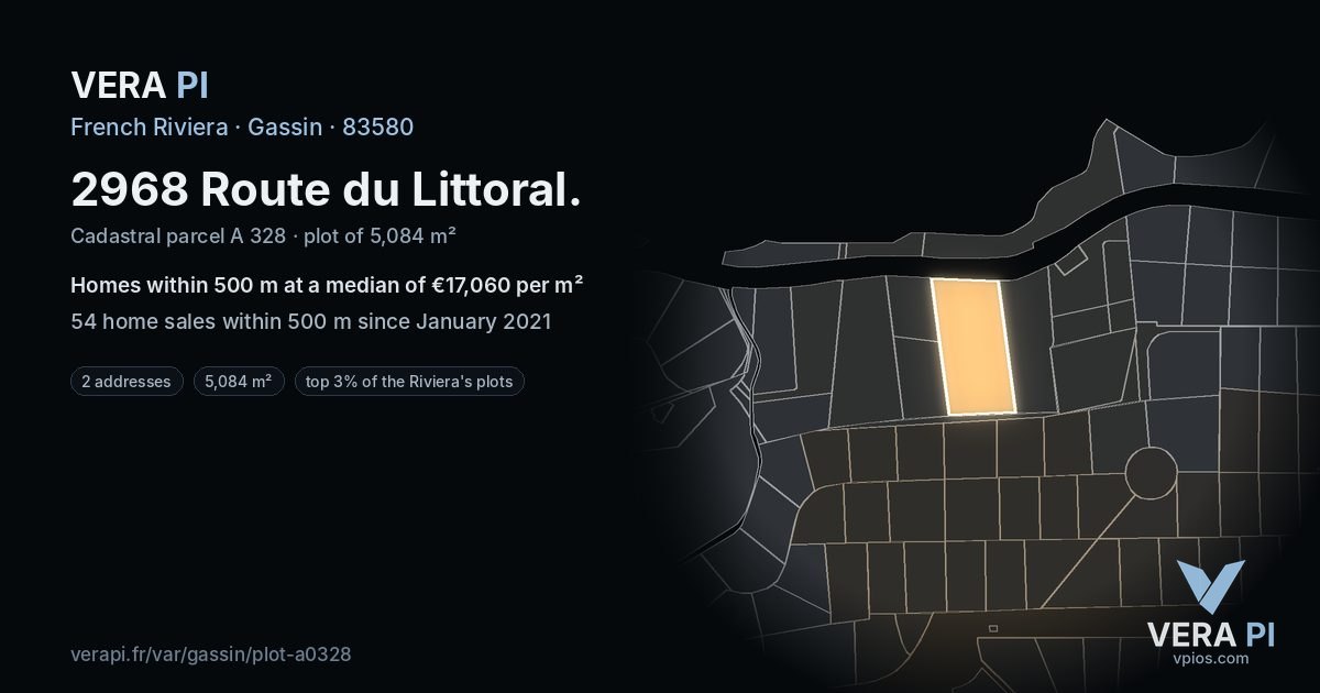 2968 Route du Littoral, Gassin at night – the plot lit, the parcels around coloured by the prices near them