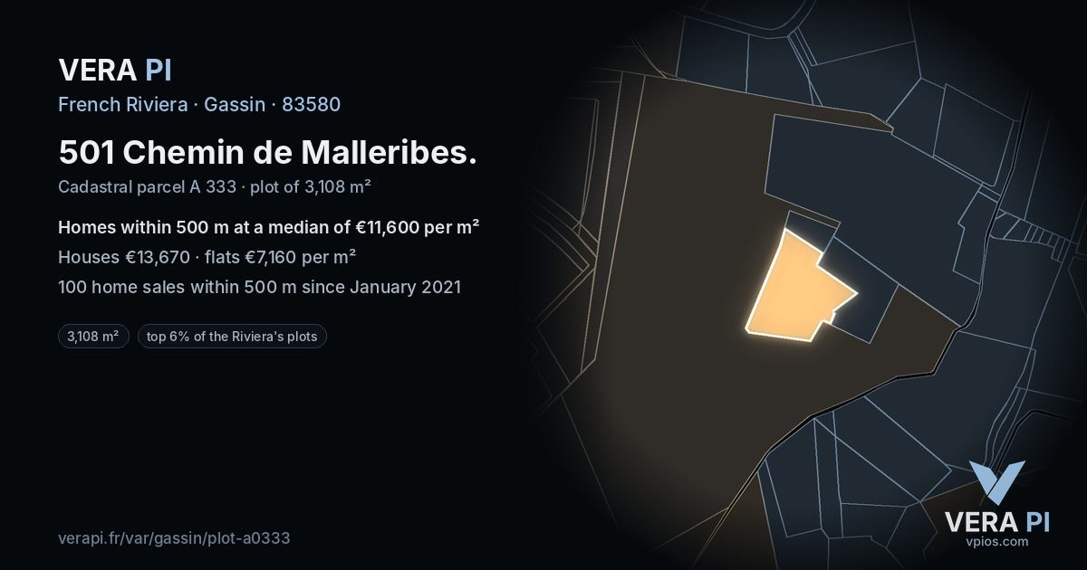 501 Chemin de Malleribes, Gassin at night – the plot lit, the parcels around coloured by the prices near them
