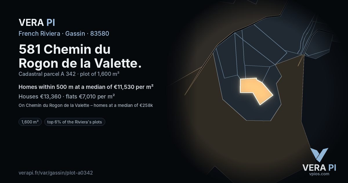 581 Chemin du Rogon de la Valette, Gassin at night – the plot lit, the parcels around coloured by the prices near them