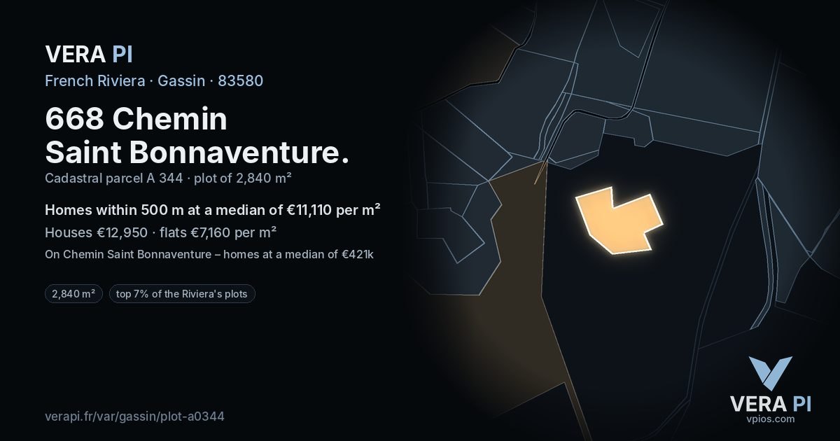 668 Chemin Saint Bonnaventure, Gassin at night – the plot lit, the parcels around coloured by the prices near them