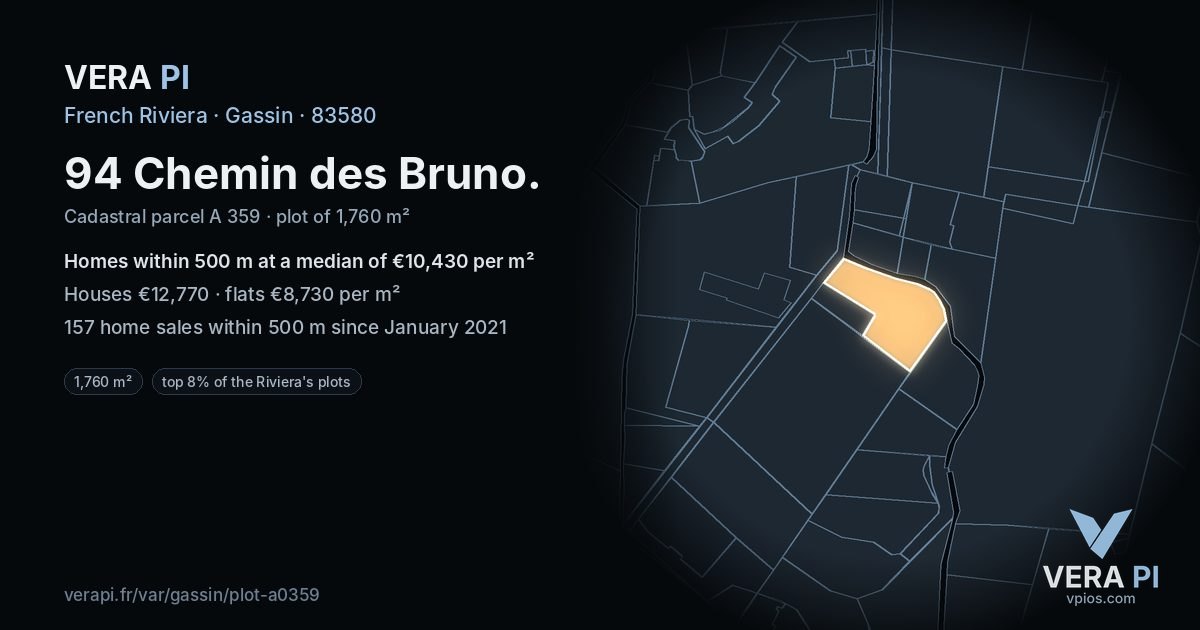 94 Chemin des Bruno, Gassin at night – the plot lit, the parcels around coloured by the prices near them
