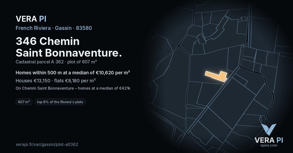 346 Chemin Saint Bonnaventure, Gassin at night – the plot lit, the parcels around coloured by the prices near them
