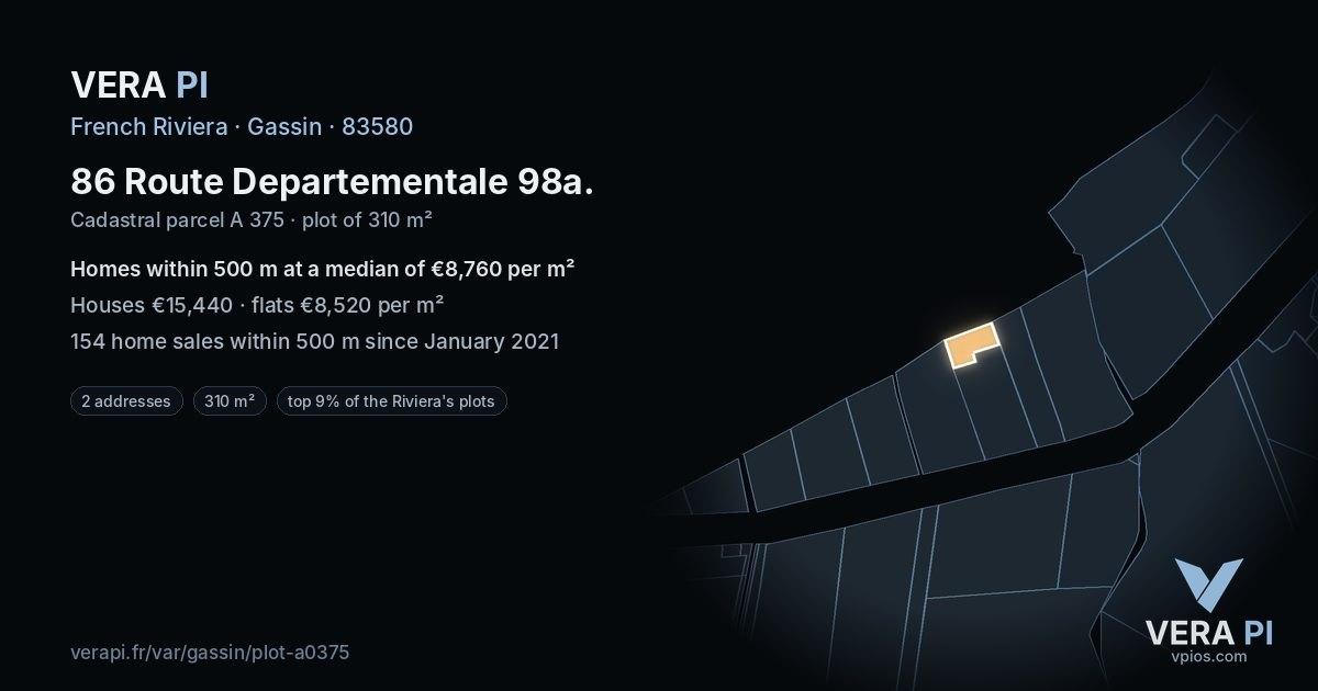 86 Route Departementale 98a, Gassin at night – the plot lit, the parcels around coloured by the prices near them