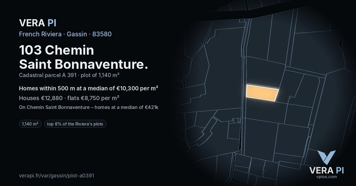 103 Chemin Saint Bonnaventure, Gassin at night – the plot lit, the parcels around coloured by the prices near them