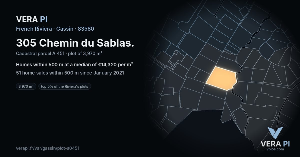 305 Chemin du Sablas, Gassin at night – the plot lit, the parcels around coloured by the prices near them