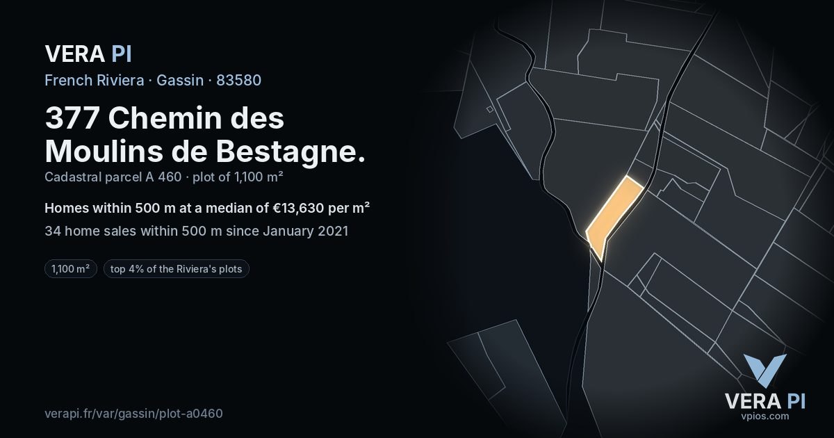 377 Chemin des Moulins de Bestagne, Gassin at night – the plot lit, the parcels around coloured by the prices near them