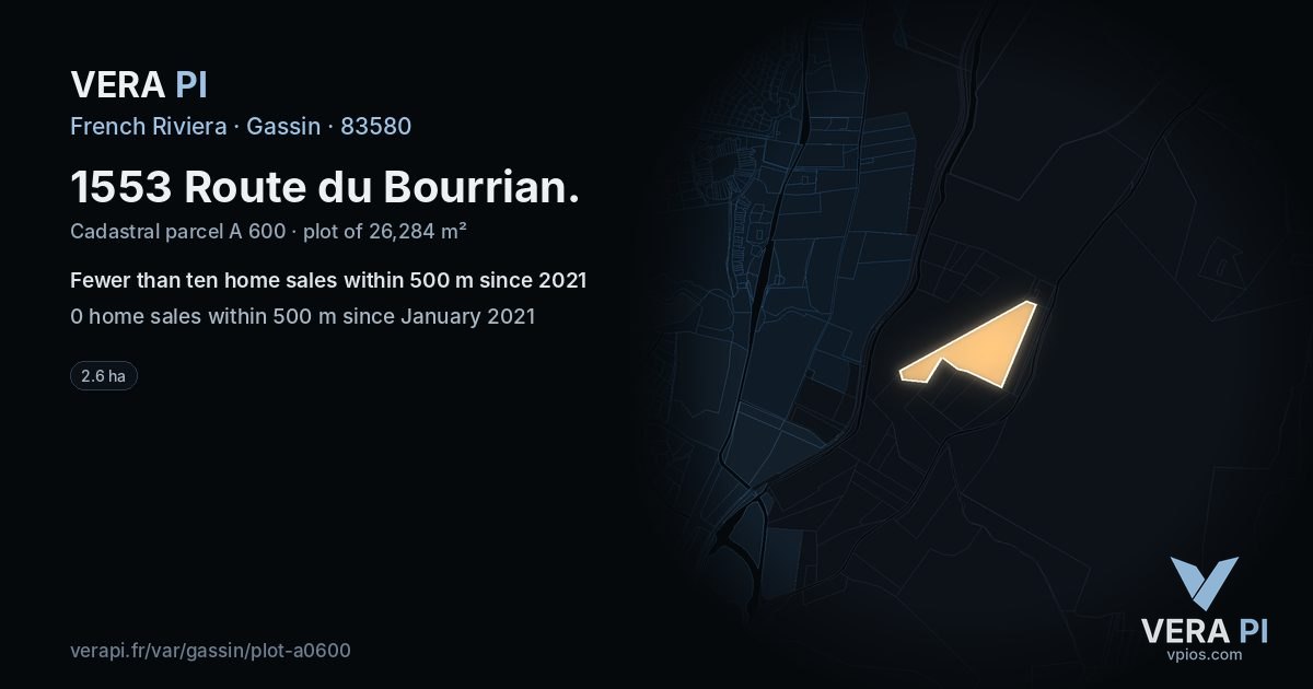 1553 Route du Bourrian, Gassin at night – the plot lit, the parcels around coloured by the prices near them