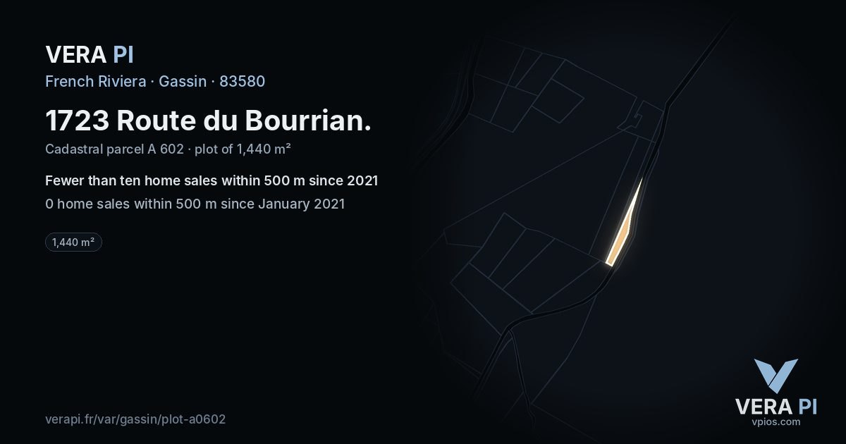 1723 Route du Bourrian, Gassin at night – the plot lit, the parcels around coloured by the prices near them