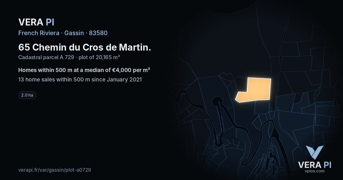 65 Chemin du Cros de Martin, Gassin at night – the plot lit, the parcels around coloured by the prices near them