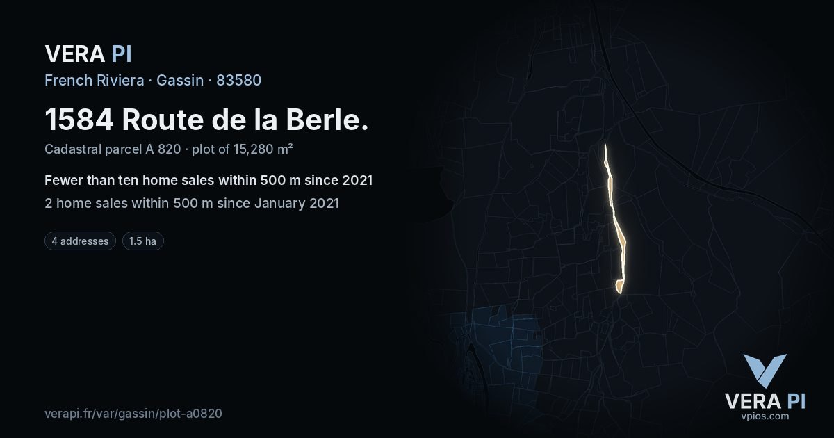 1584 Route de la Berle, Gassin at night – the plot lit, the parcels around coloured by the prices near them