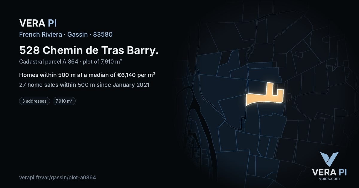 528 Chemin de Tras Barry, Gassin at night – the plot lit, the parcels around coloured by the prices near them