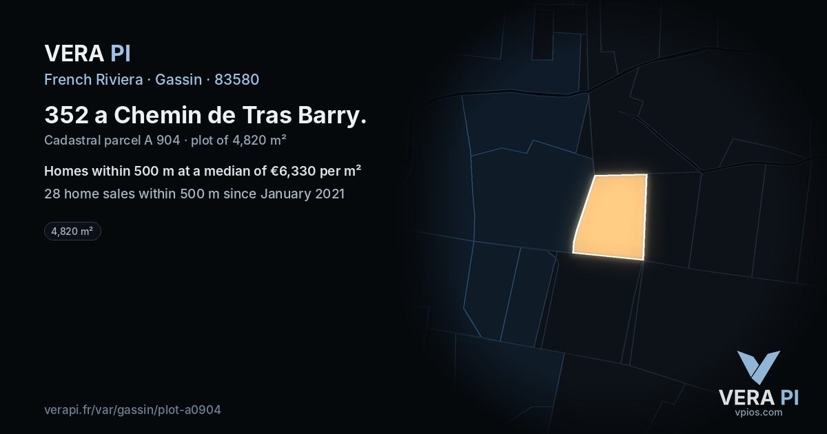 352 a Chemin de Tras Barry, Gassin at night – the plot lit, the parcels around coloured by the prices near them