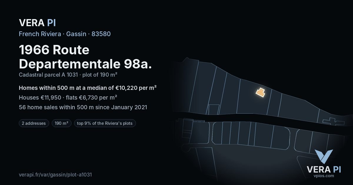 1966 Route Departementale 98a, Gassin at night – the plot lit, the parcels around coloured by the prices near them