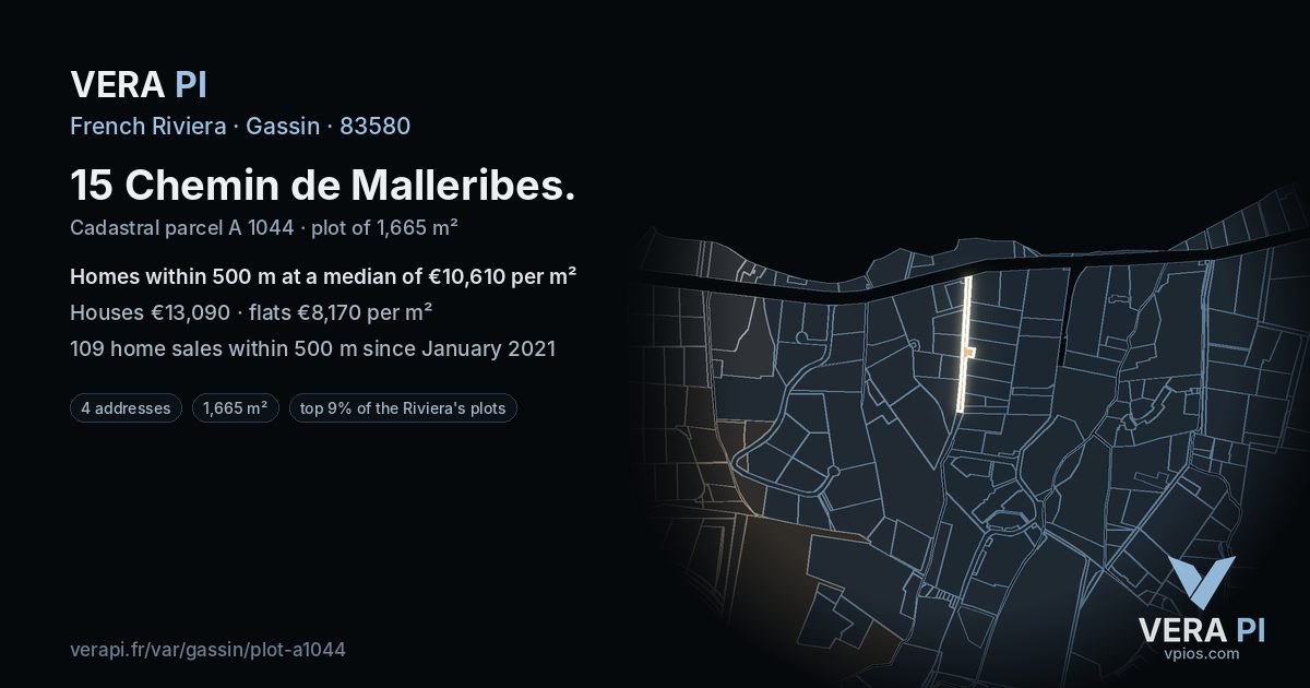 15 Chemin de Malleribes, Gassin at night – the plot lit, the parcels around coloured by the prices near them