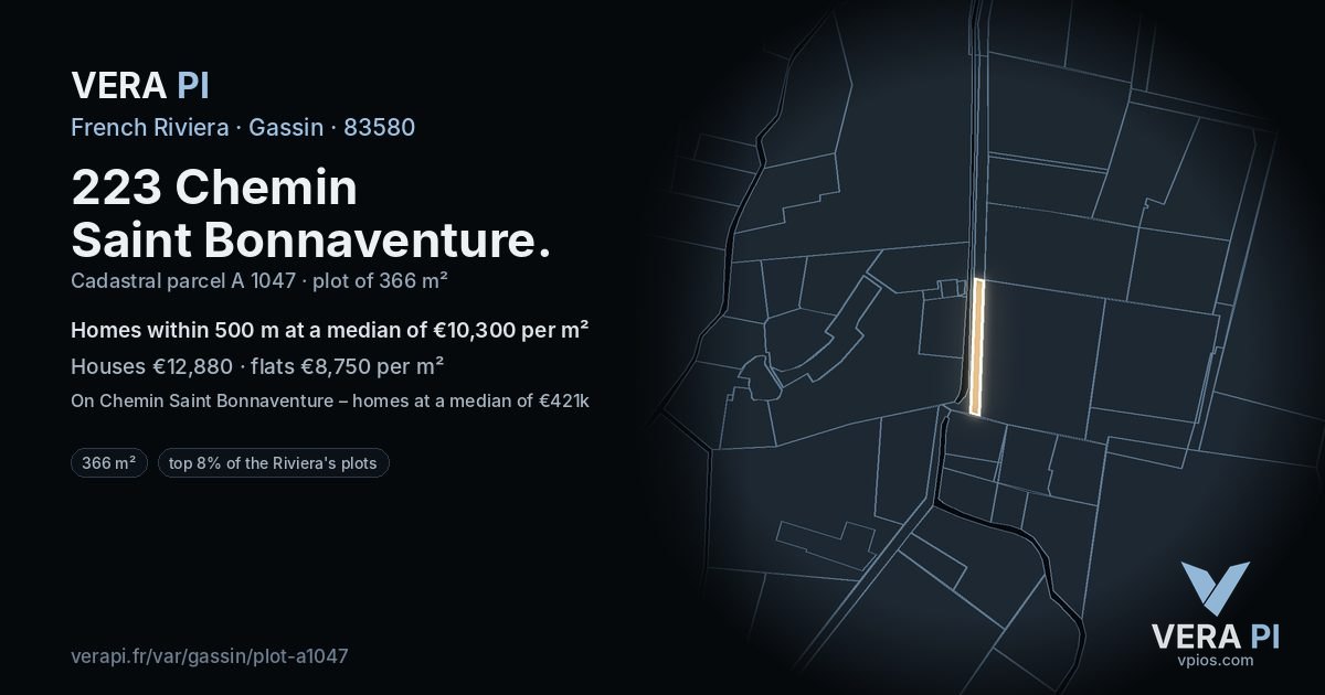 223 Chemin Saint Bonnaventure, Gassin at night – the plot lit, the parcels around coloured by the prices near them