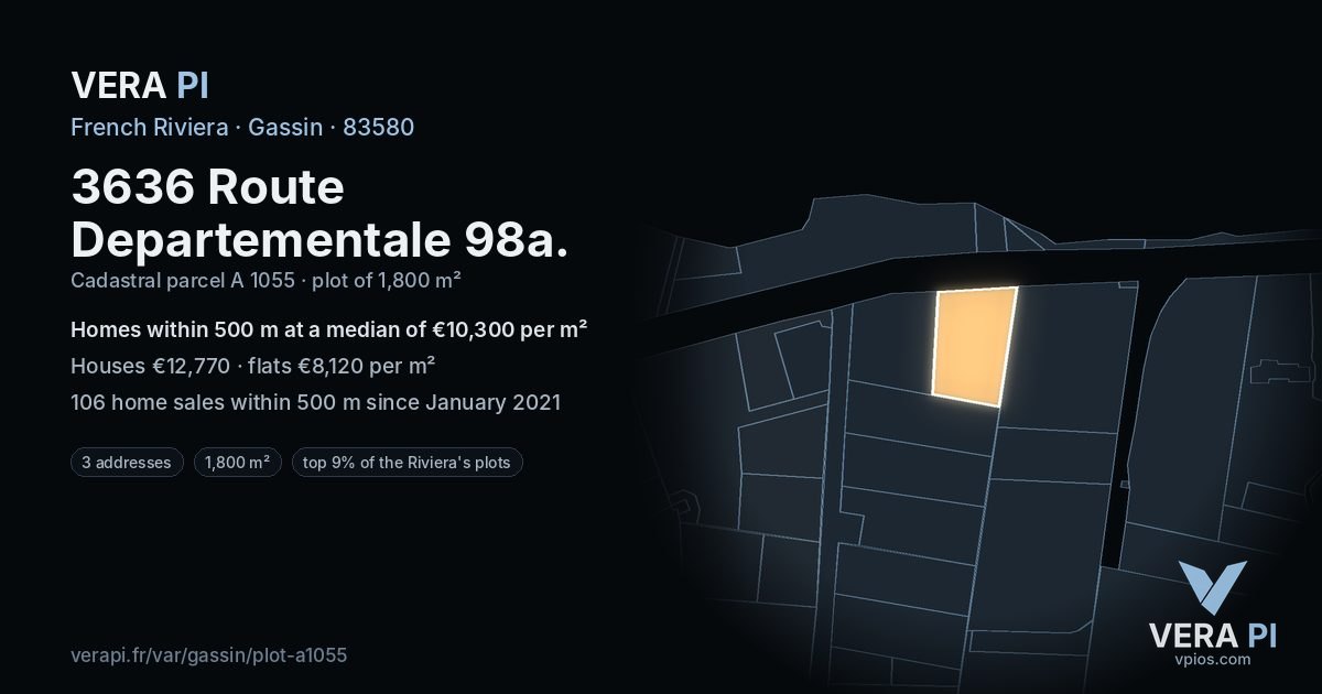 3636 Route Departementale 98a, Gassin at night – the plot lit, the parcels around coloured by the prices near them