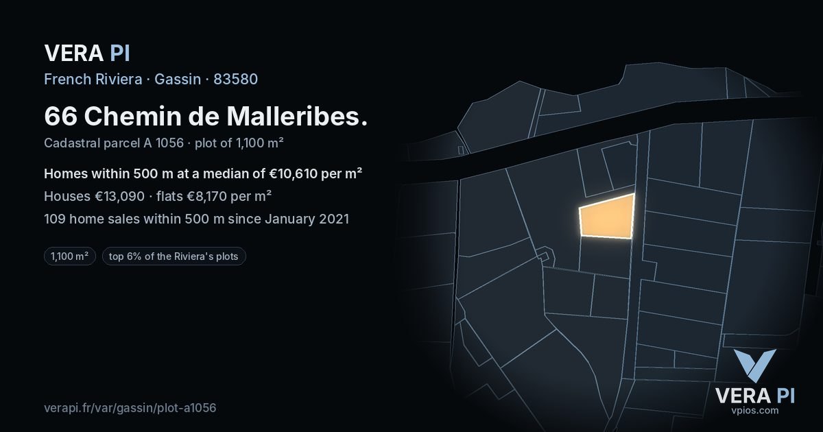66 Chemin de Malleribes, Gassin at night – the plot lit, the parcels around coloured by the prices near them