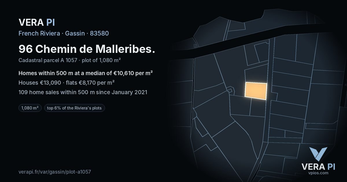 96 Chemin de Malleribes, Gassin at night – the plot lit, the parcels around coloured by the prices near them