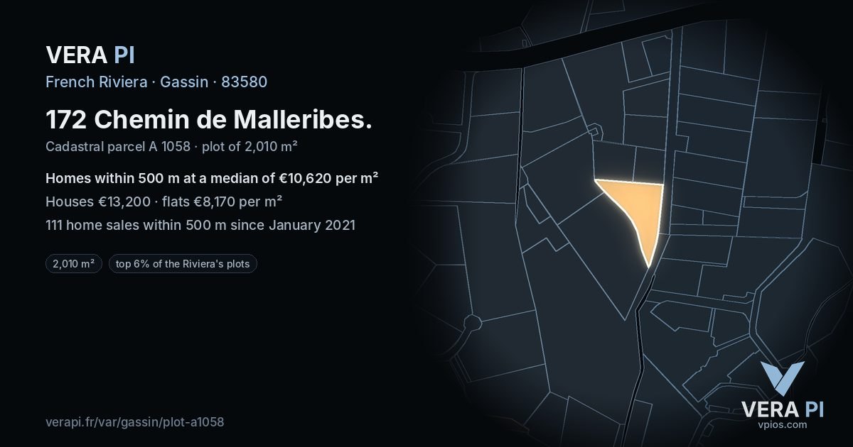 172 Chemin de Malleribes, Gassin at night – the plot lit, the parcels around coloured by the prices near them