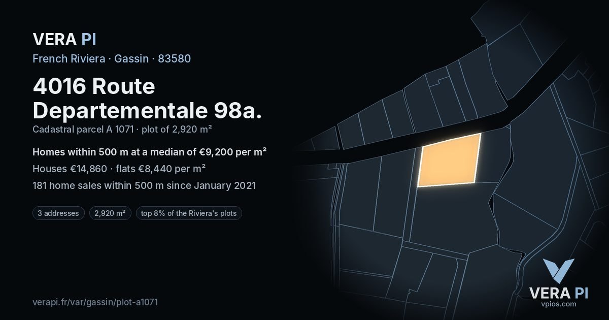 4016 Route Departementale 98a, Gassin at night – the plot lit, the parcels around coloured by the prices near them