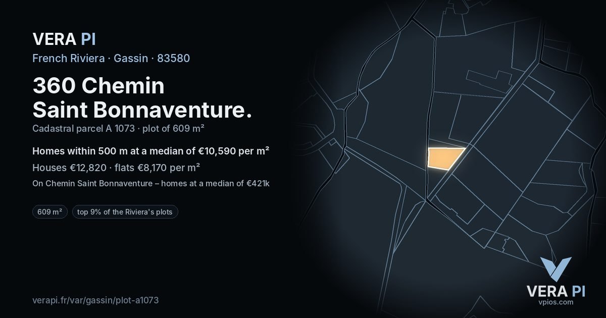 360 Chemin Saint Bonnaventure, Gassin at night – the plot lit, the parcels around coloured by the prices near them