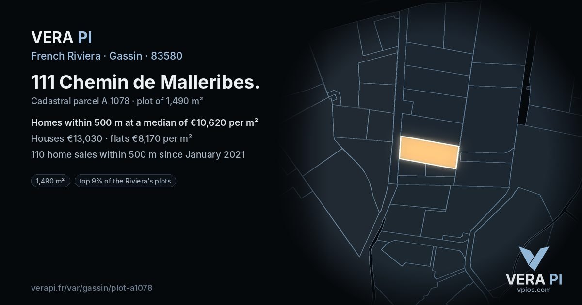 111 Chemin de Malleribes, Gassin at night – the plot lit, the parcels around coloured by the prices near them