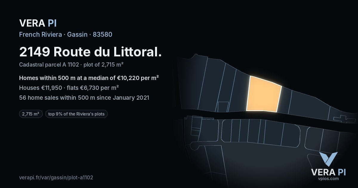 2149 Route du Littoral, Gassin at night – the plot lit, the parcels around coloured by the prices near them