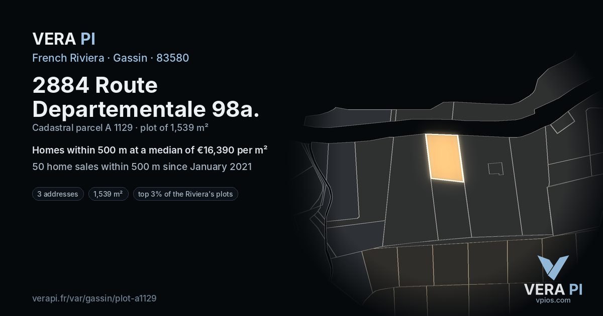 2884 Route Departementale 98a, Gassin at night – the plot lit, the parcels around coloured by the prices near them