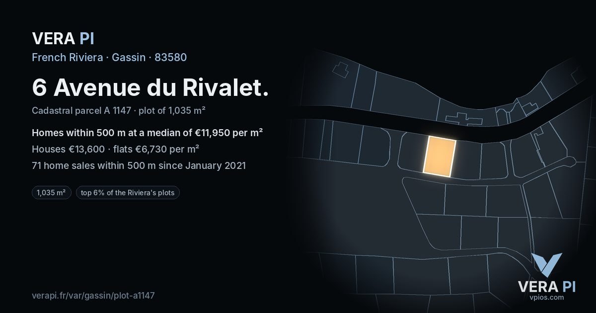 6 Avenue du Rivalet, Gassin at night – the plot lit, the parcels around coloured by the prices near them