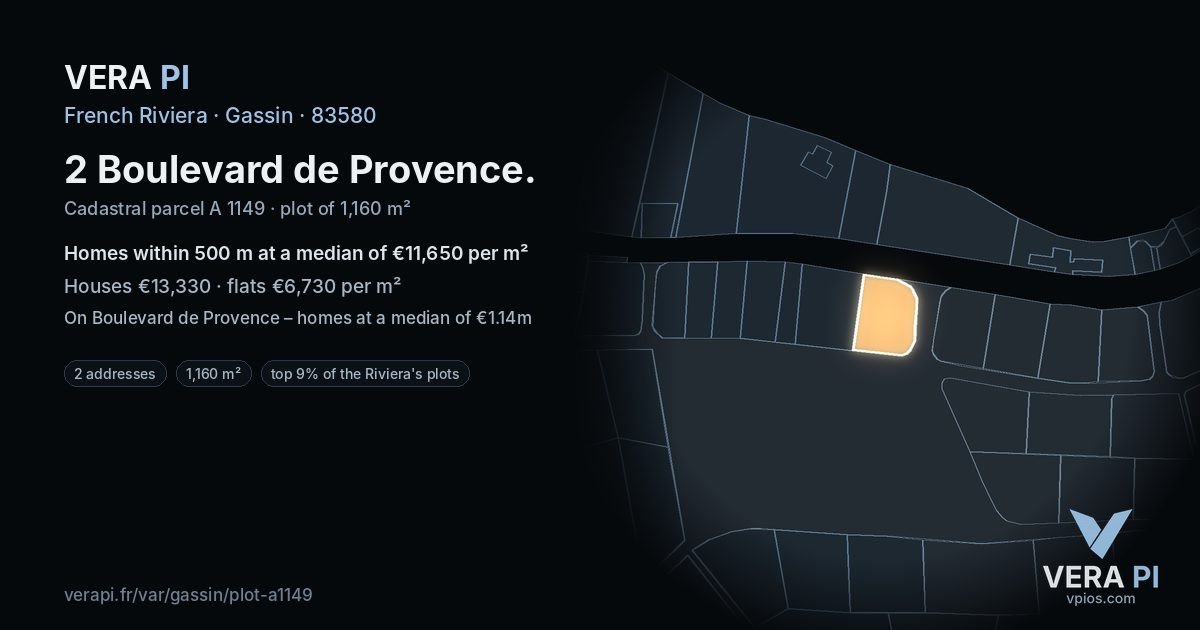 2 Boulevard de Provence, Gassin at night – the plot lit, the parcels around coloured by the prices near them