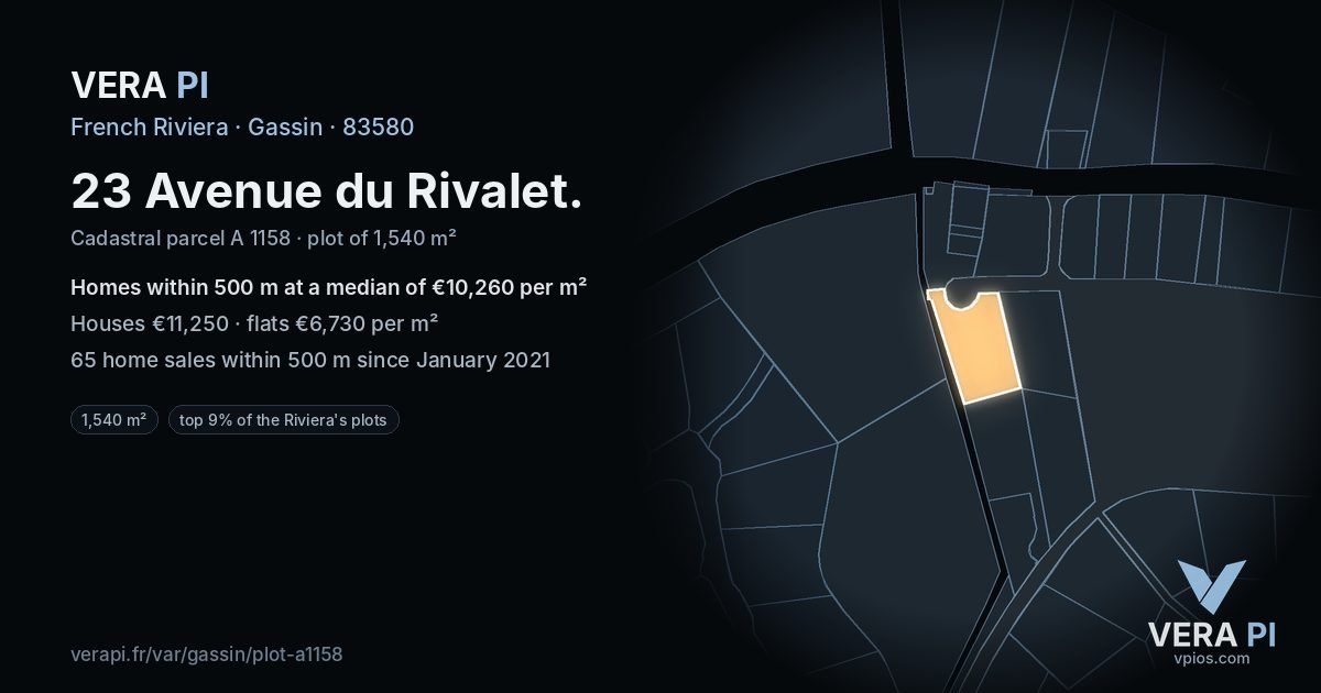 23 Avenue du Rivalet, Gassin at night – the plot lit, the parcels around coloured by the prices near them