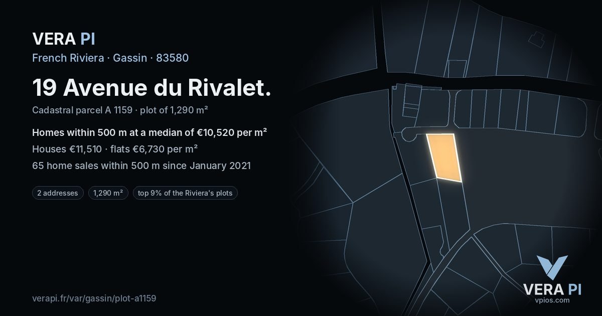 19 Avenue du Rivalet, Gassin at night – the plot lit, the parcels around coloured by the prices near them