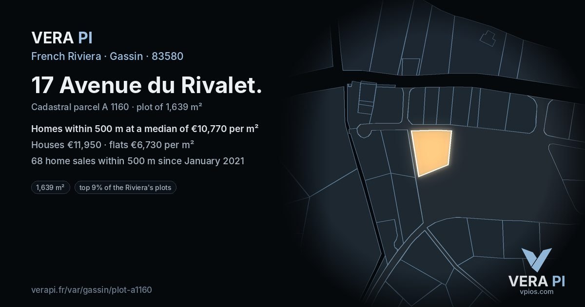 17 Avenue du Rivalet, Gassin at night – the plot lit, the parcels around coloured by the prices near them