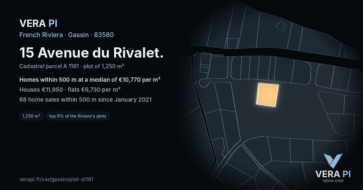 15 Avenue du Rivalet, Gassin at night – the plot lit, the parcels around coloured by the prices near them