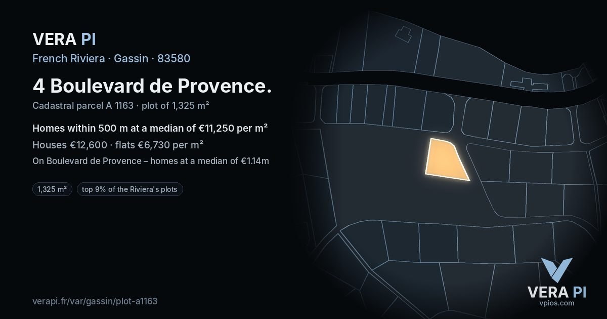 4 Boulevard de Provence, Gassin at night – the plot lit, the parcels around coloured by the prices near them