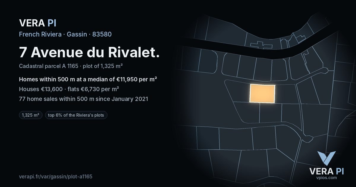 7 Avenue du Rivalet, Gassin at night – the plot lit, the parcels around coloured by the prices near them