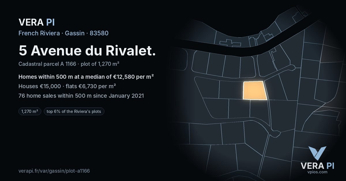 5 Avenue du Rivalet, Gassin at night – the plot lit, the parcels around coloured by the prices near them