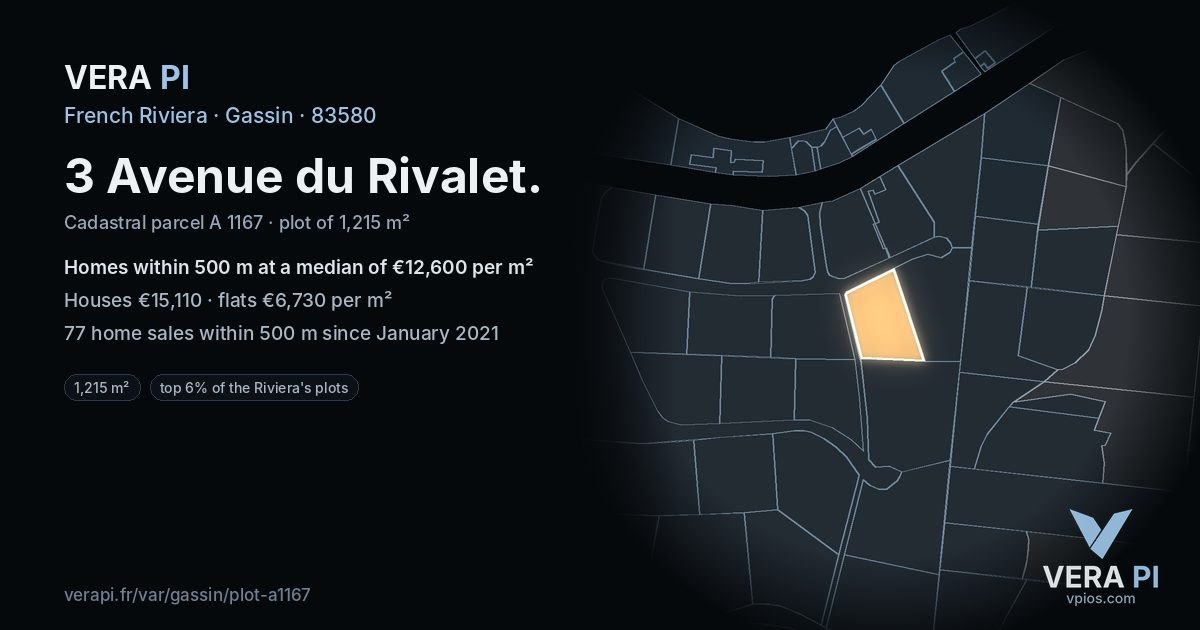 3 Avenue du Rivalet, Gassin at night – the plot lit, the parcels around coloured by the prices near them