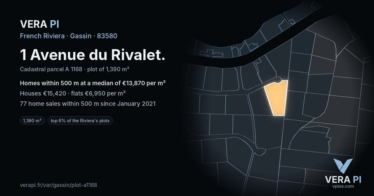 1 Avenue du Rivalet, Gassin at night – the plot lit, the parcels around coloured by the prices near them