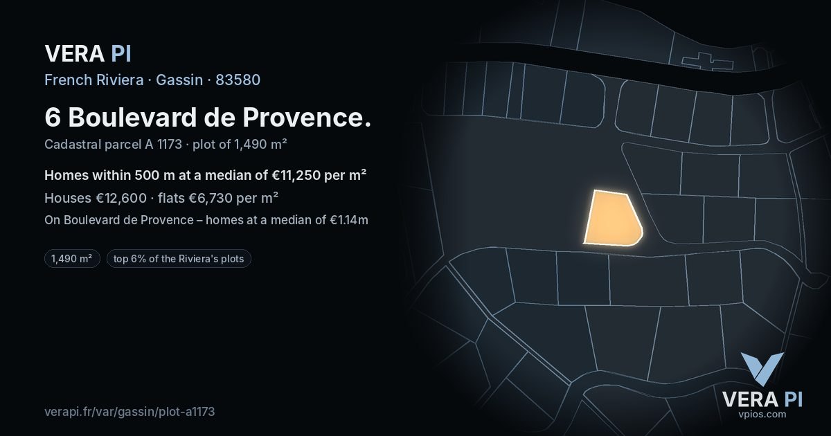 6 Boulevard de Provence, Gassin at night – the plot lit, the parcels around coloured by the prices near them