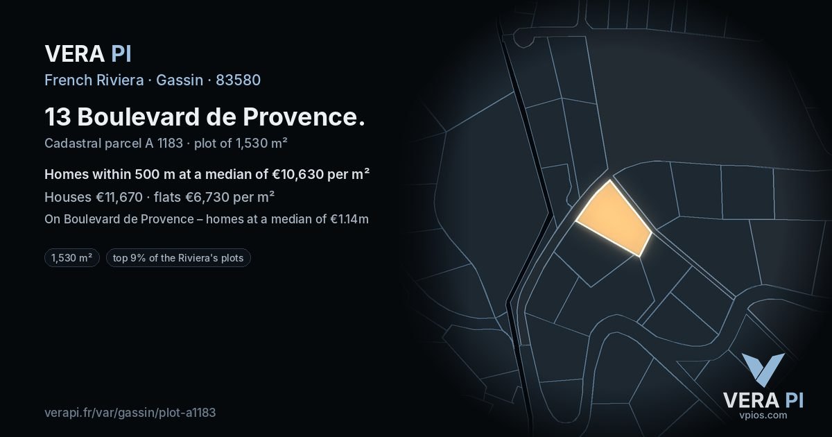 13 Boulevard de Provence, Gassin at night – the plot lit, the parcels around coloured by the prices near them