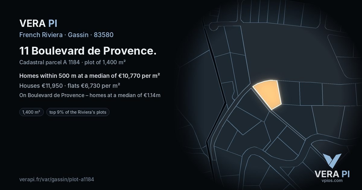 11 Boulevard de Provence, Gassin at night – the plot lit, the parcels around coloured by the prices near them