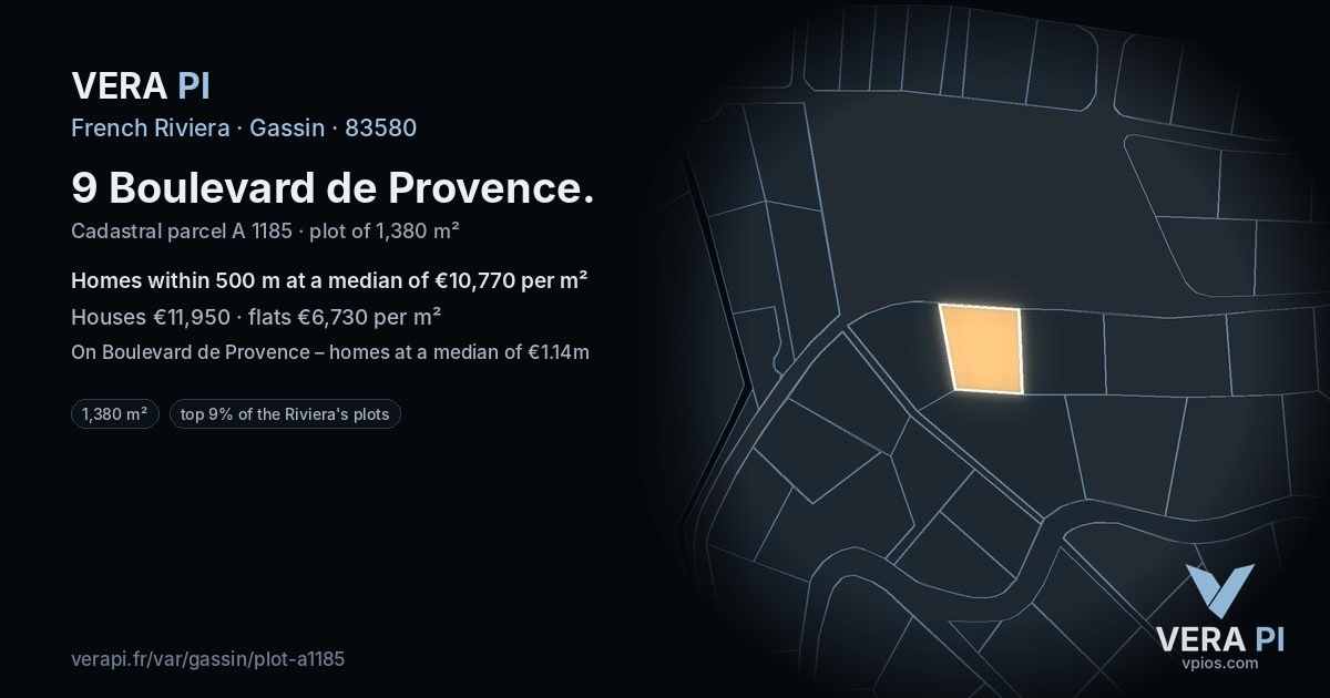 9 Boulevard de Provence, Gassin at night – the plot lit, the parcels around coloured by the prices near them
