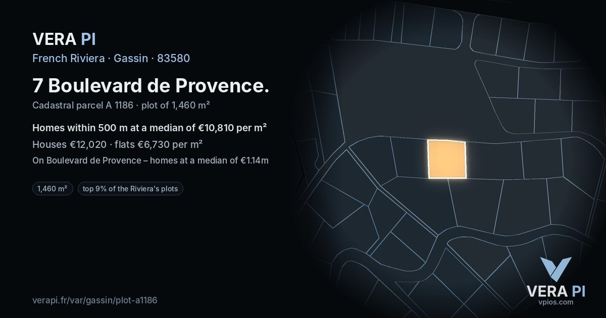7 Boulevard de Provence, Gassin at night – the plot lit, the parcels around coloured by the prices near them