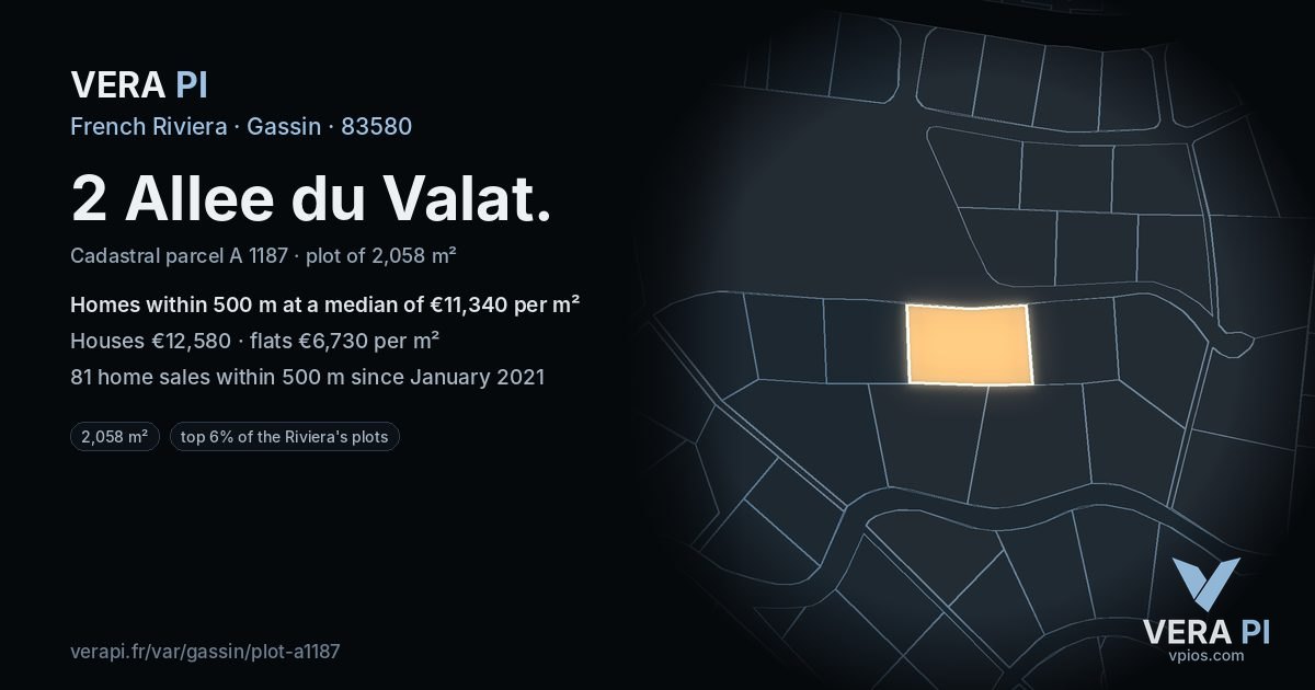 2 Allee du Valat, Gassin at night – the plot lit, the parcels around coloured by the prices near them